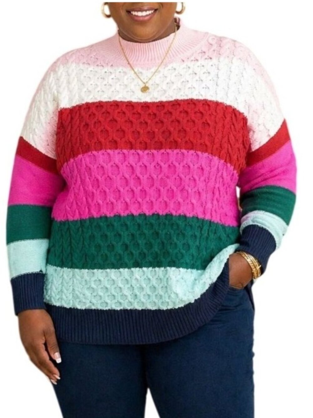 Crown & Ivy Plus Size 1X Sweater Striped Chunky Knit Mock Neck Cable Detail